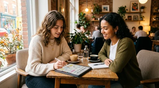 Two content creators planning an Instagram collaboration in a cafe (AI Generated Image)