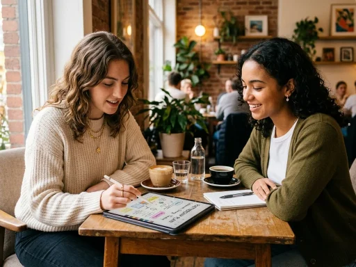 Two content creators planning an Instagram collaboration in a cafe (AI Generated Image)