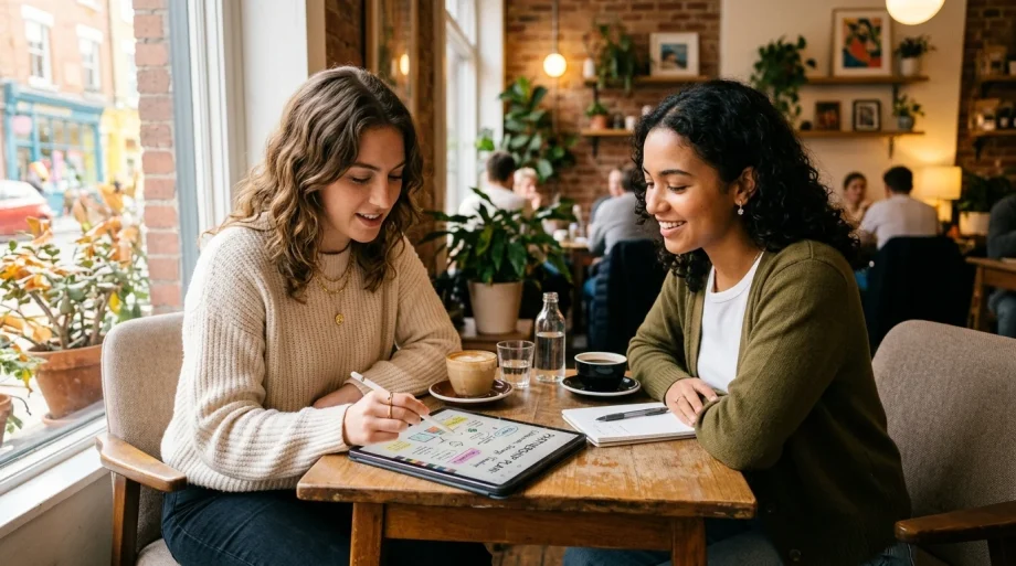 Two content creators planning an Instagram collaboration in a cafe (AI Generated Image)