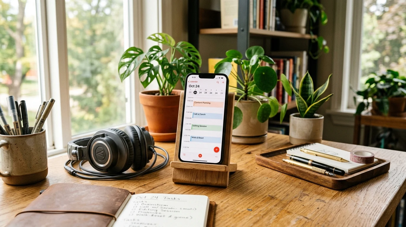 Creator desk setup showing an Instagram Story schedule on smartphone (AI Generated Image)